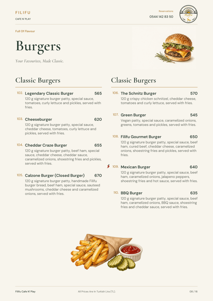 Filifu classic burger menu featuring cheeseburgers, calzone burgers, chicken burgers and a vegan patty option.