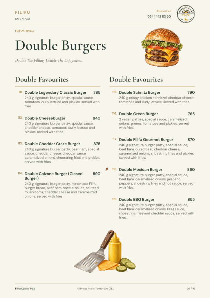 Filifu double burger menu with double cheeseburgers, calzone burgers, gourmet burgers and chicken burgers.