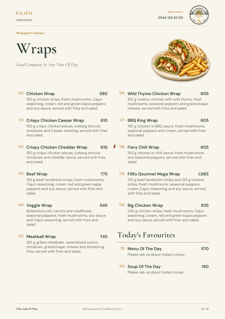 Filifu wrap menu with chicken, beef, meatball and vegetable wraps, plus the daily menu and soup.