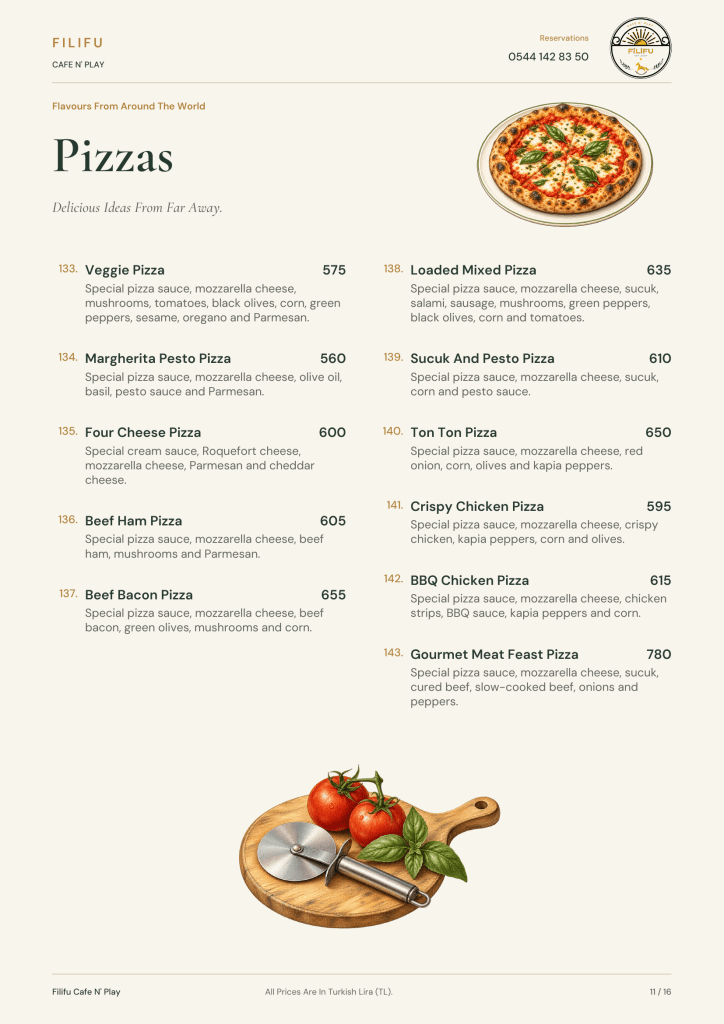 Filifu pizza menu with vegetable, pesto, four cheese, beef, sucuk and chicken pizzas.