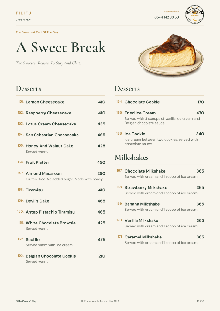 Filifu dessert and milkshake menu with cheesecakes, tiramisu, cookies, fried ice cream and flavoured milkshakes.