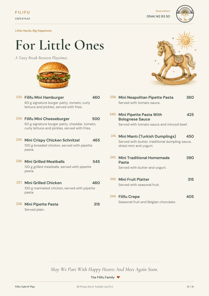 Filifu children’s menu with mini burgers, chicken, meatballs, pasta, fruit and a chocolate crêpe.