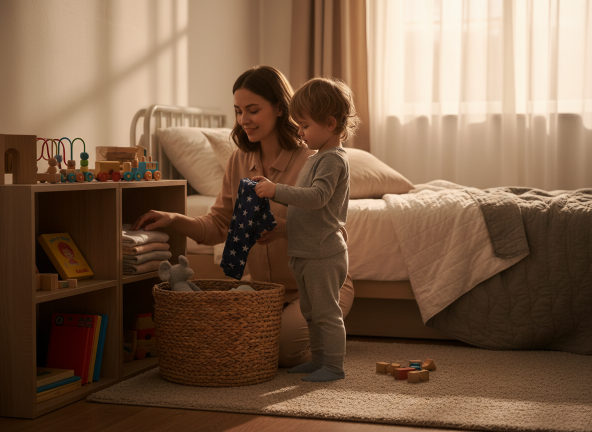Parent and child preparing for sleep