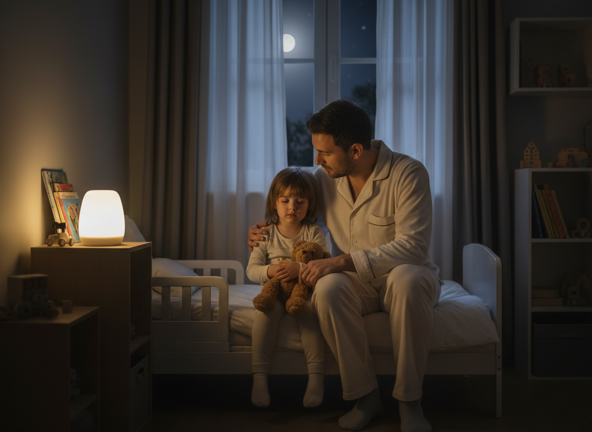 Un parent rassure calmement un enfant réveillé pendant la nuit