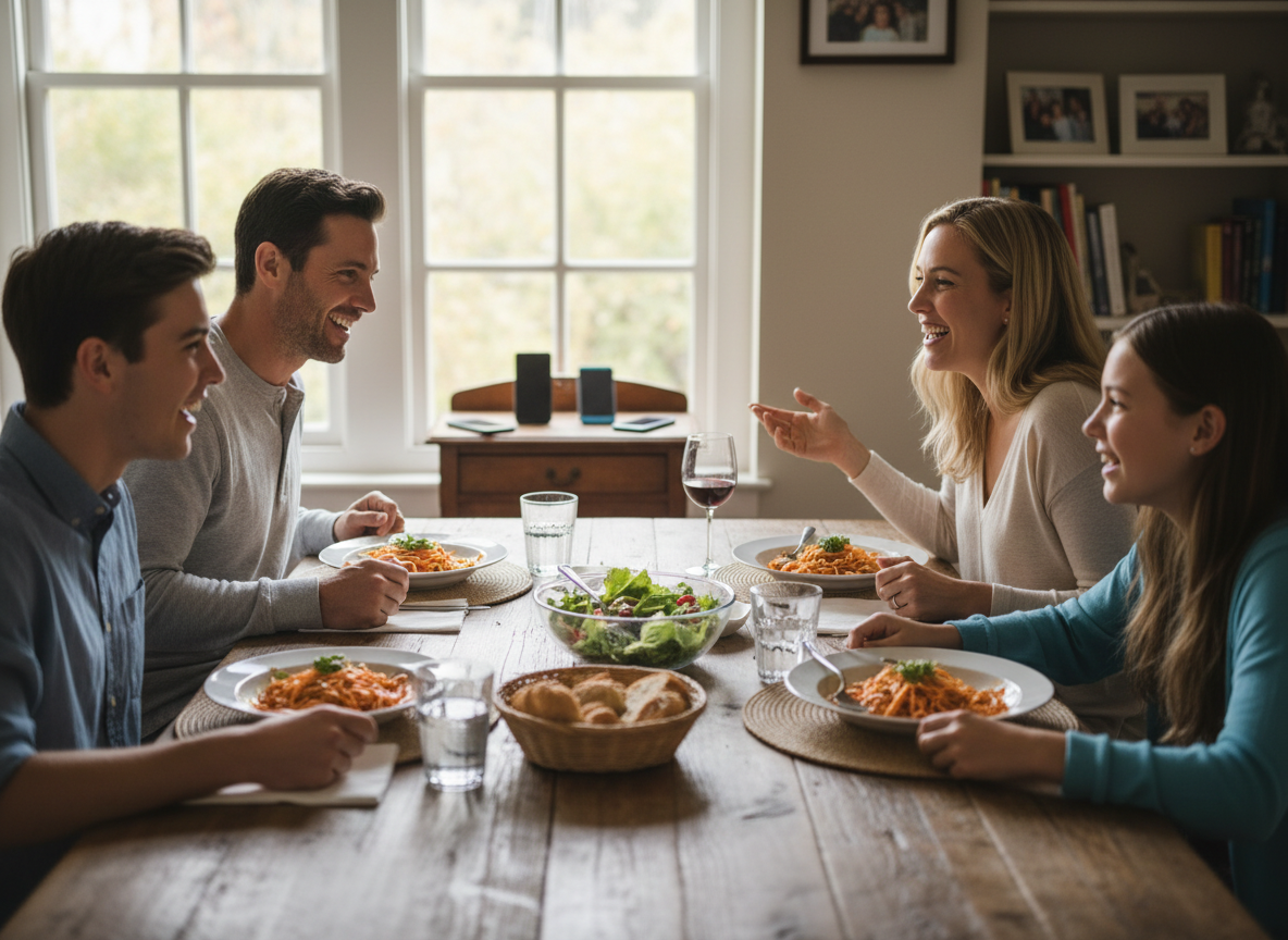 Una famiglia cena insieme senza telefoni