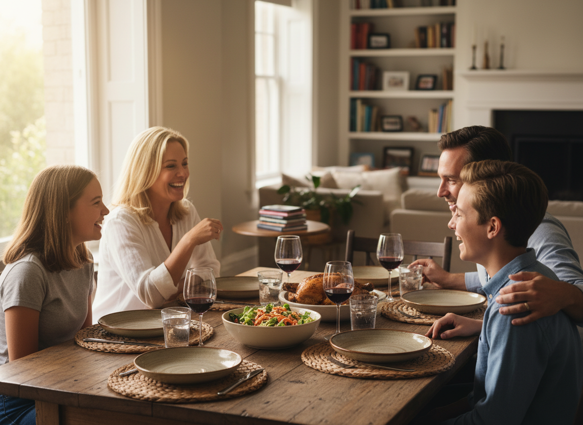 Une famille passe un dîner ensemble sans téléphone