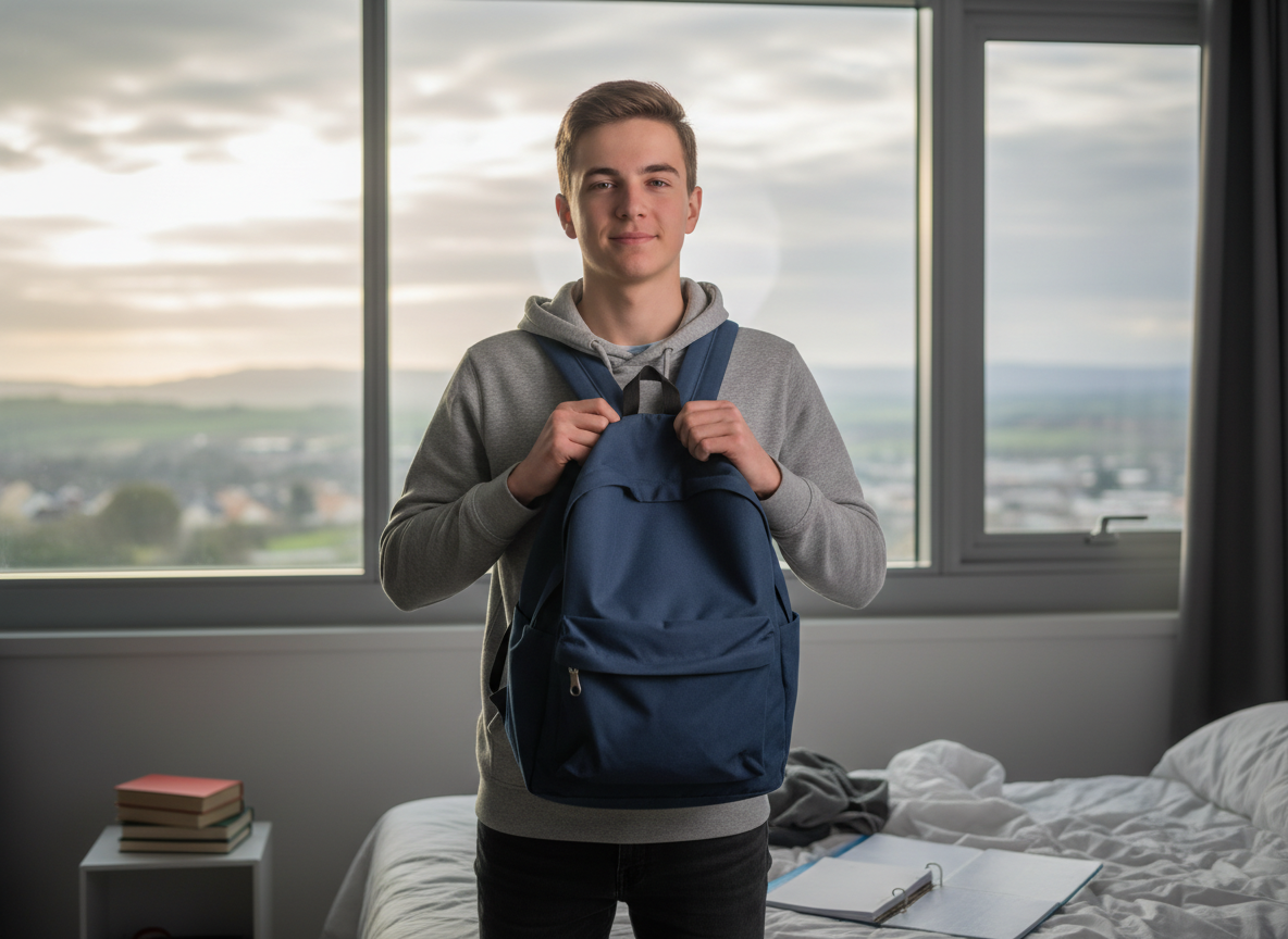 Un adolescent prépare son sac pour l’école avec un air légèrement fatigué