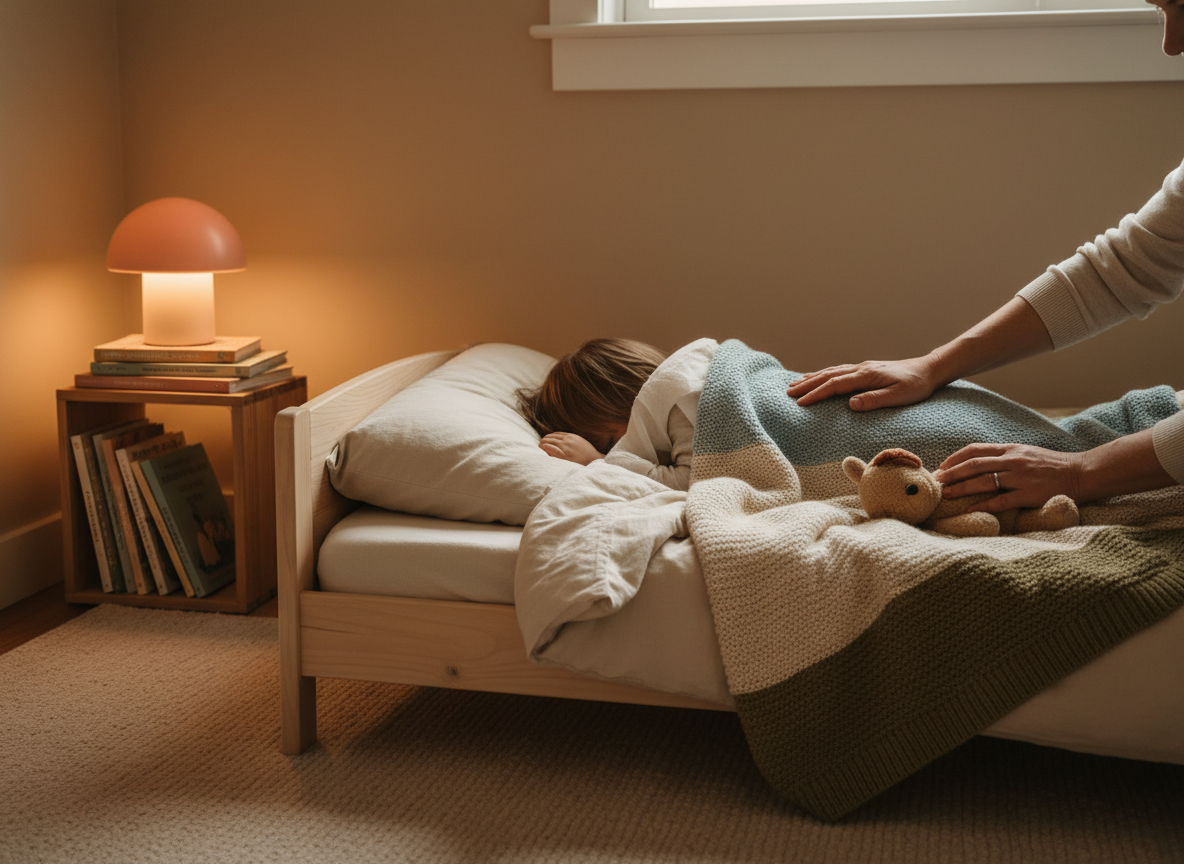 Rituel calme du coucher avec une lumière douce dans une chambre d’enfant