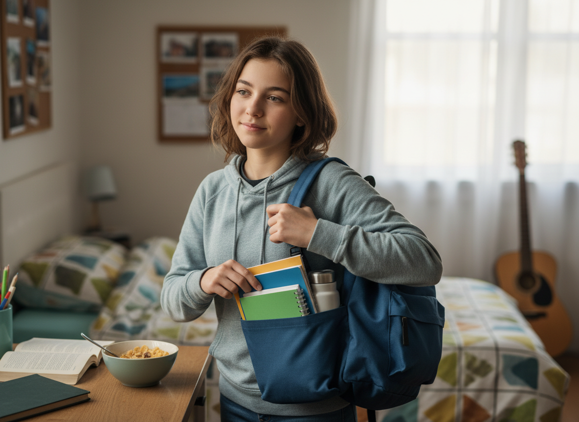 Ein Teenager macht sich morgens mit dem Rucksack für die Schule fertig