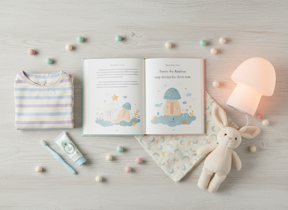 Livre, pyjama et veilleuse pour illustrer un rituel prévisible du coucher