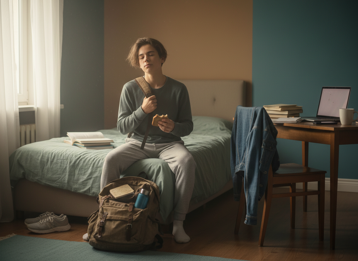 A teenager getting ready for school with a backpack in the morning