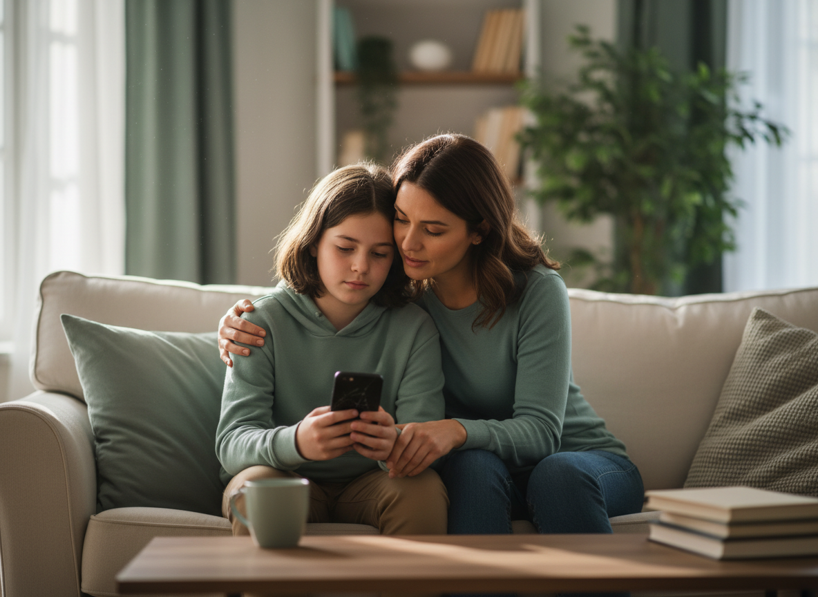 Genitore e figlio parlano con fiducia di bullismo online.