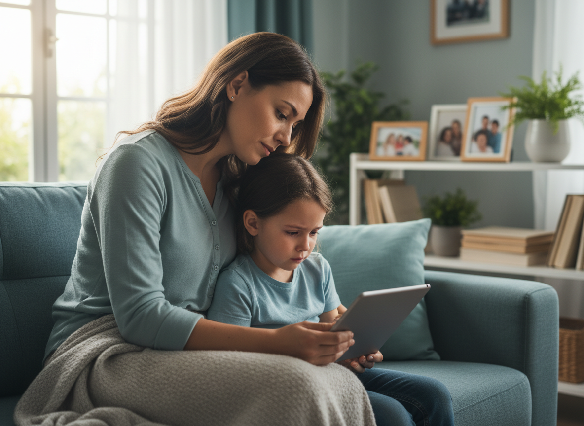 Un parent et un enfant parlent du harcèlement en ligne.