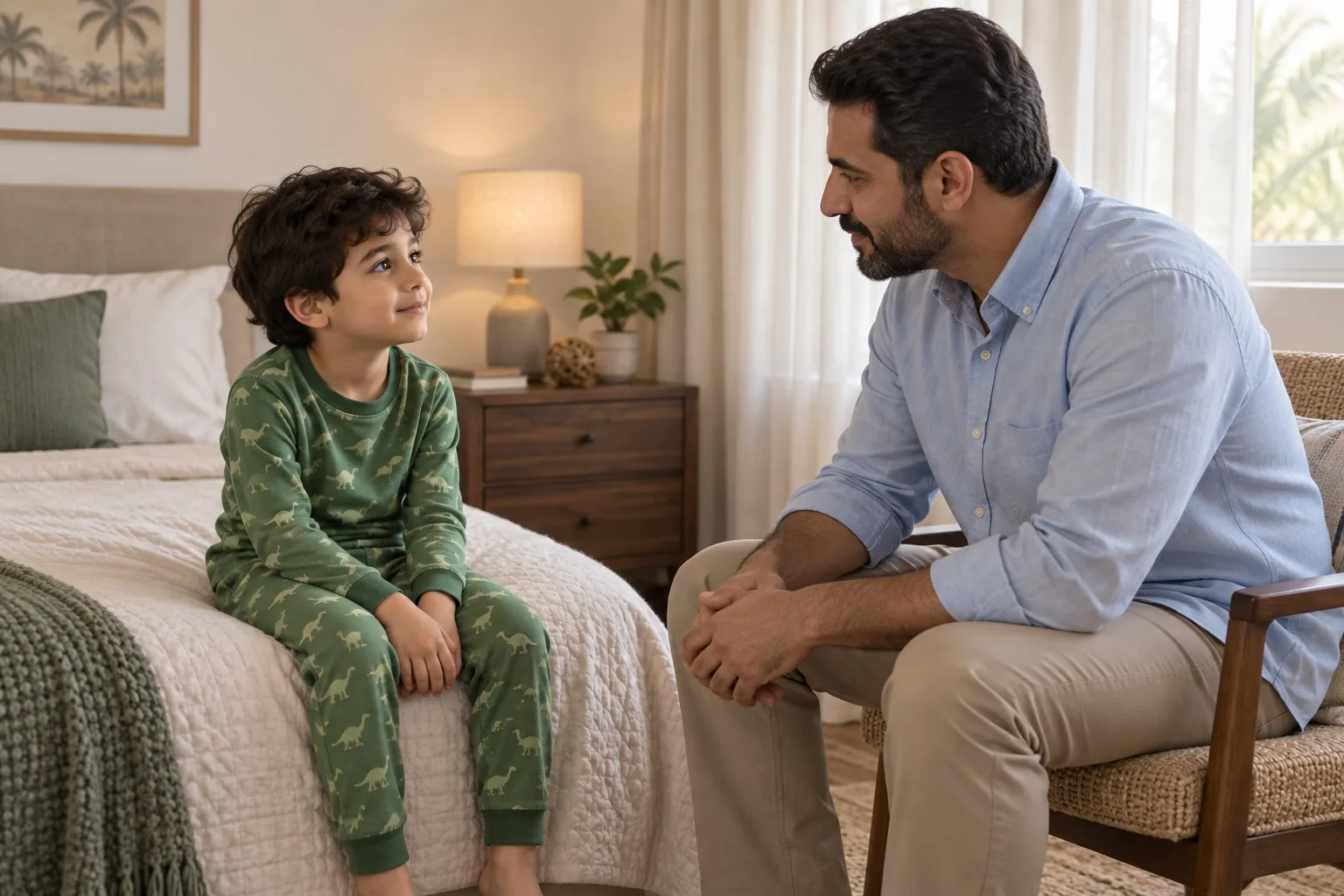 أب يستمع لطفله بهدوء بجانب السرير