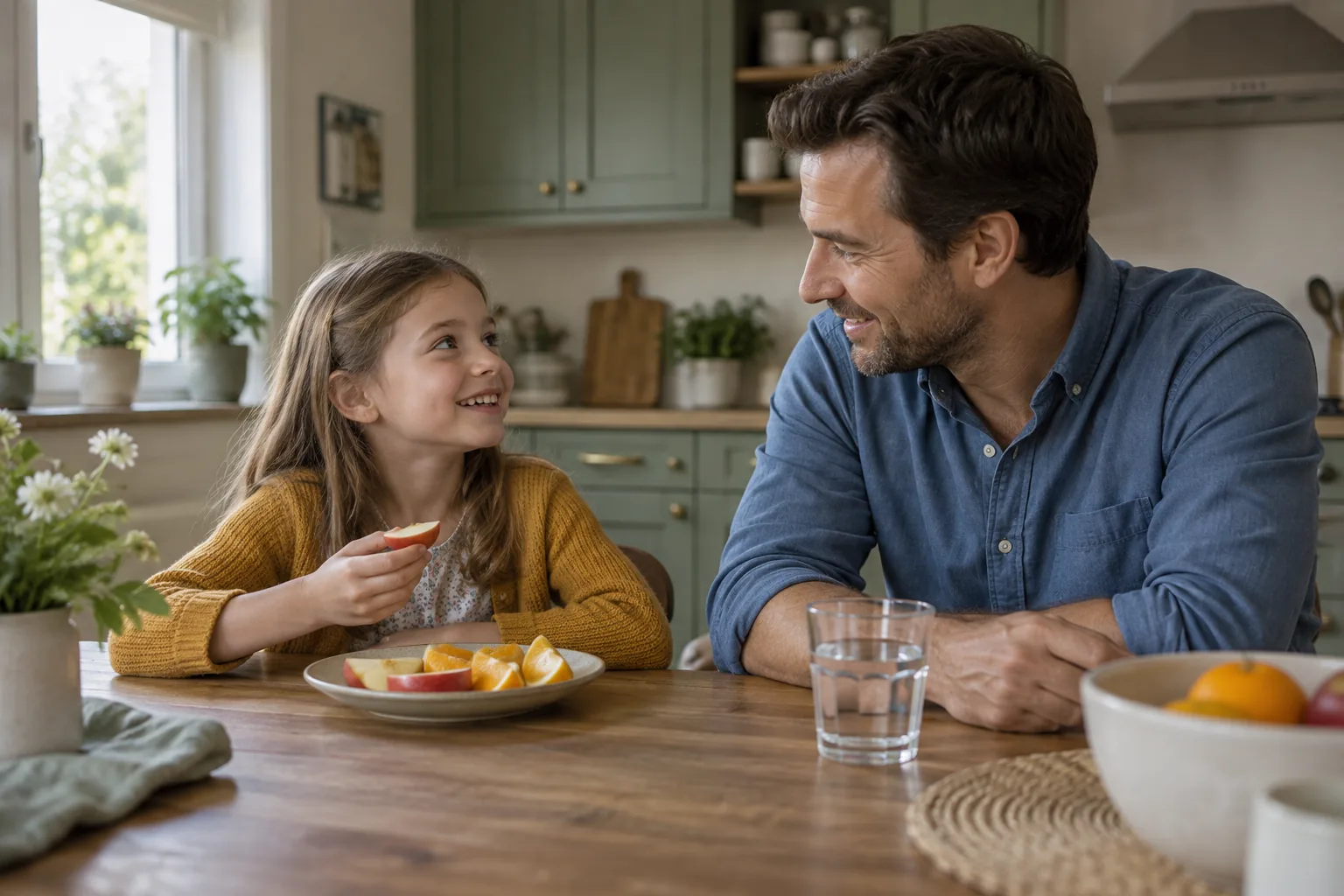 A parent and child discuss a daily routine at a kitchen table with water and fruit