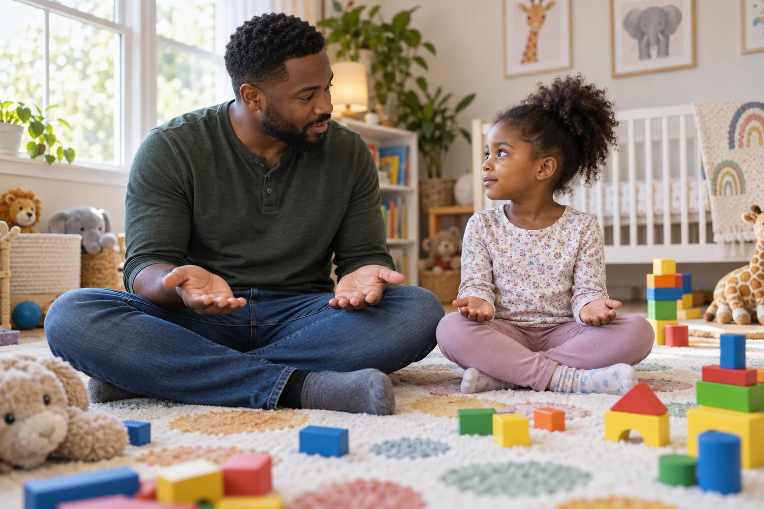 A parent calmly discusses safe hands with a preschool child
