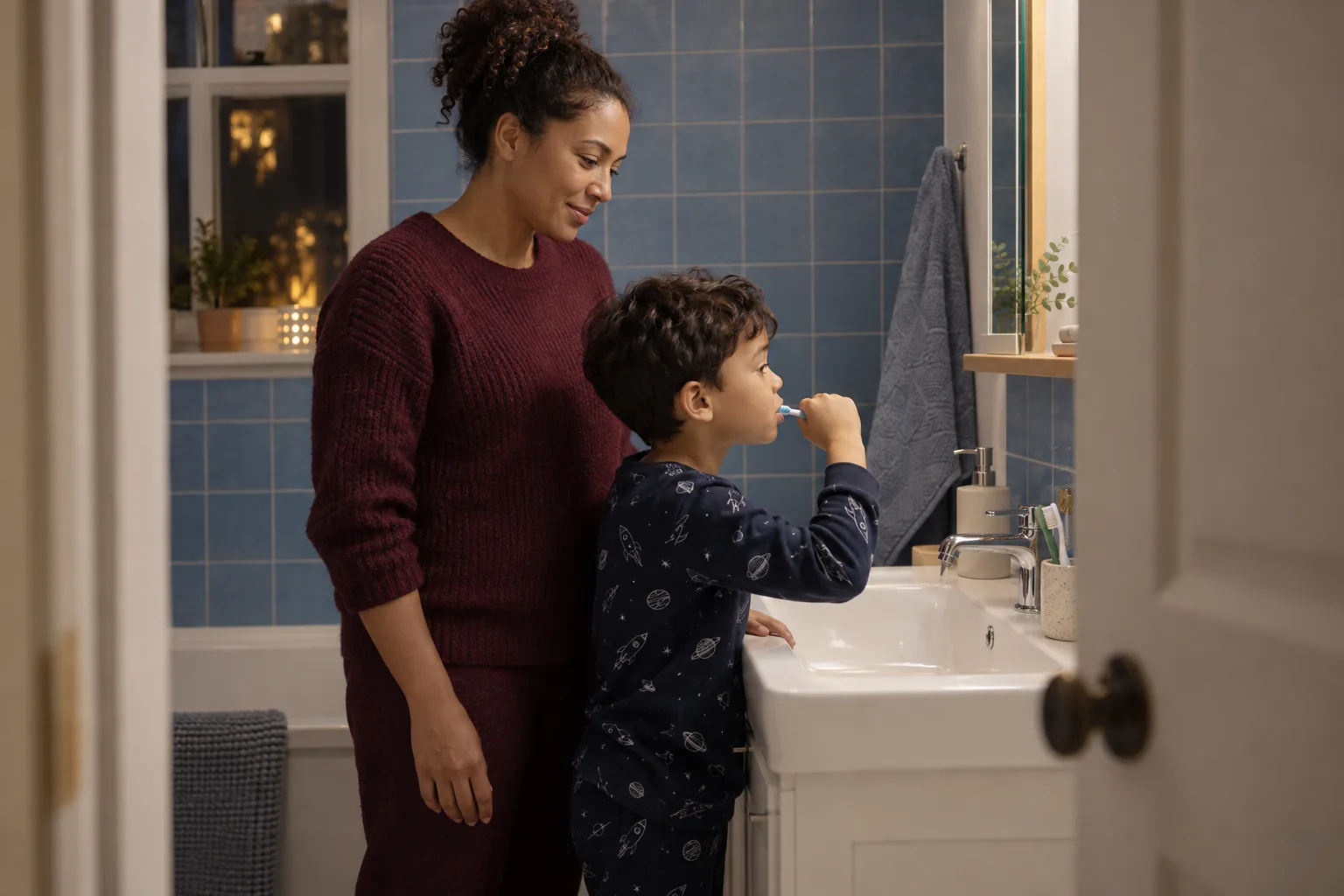Parent accompanying a child during toothbrushing in a bathroom
