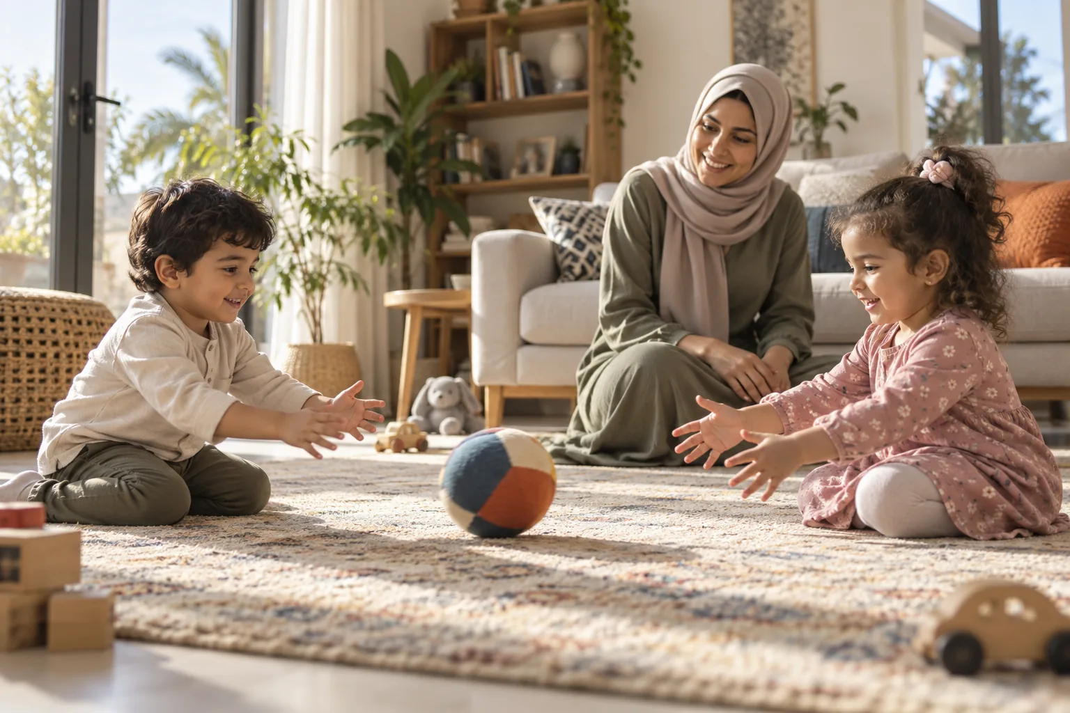 طفلان صغيران يتبادلان اللعب بالألعاب مع وجود بالغ قريب
