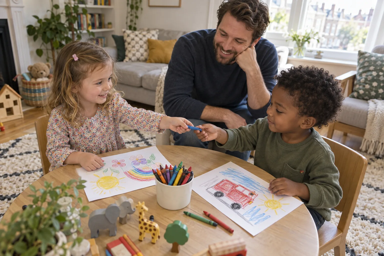 Two young children take turns with toys while an adult stays nearby