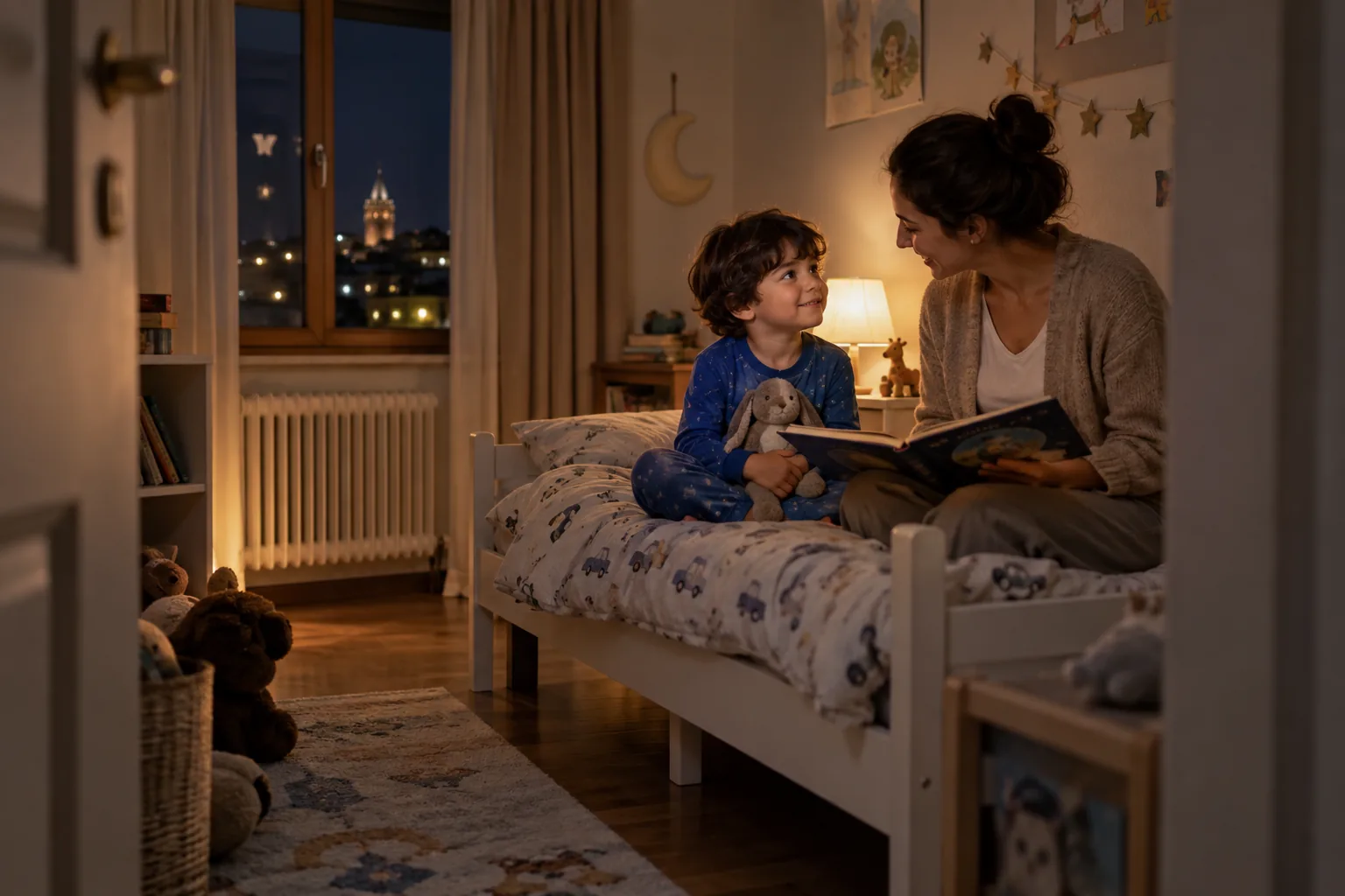 Loş ışıklı çocuk odasında ebeveynle sakin uyku hazırlığı Loş ışıklı çocuk odasında ebeveynle sakin uyku hazırlığı