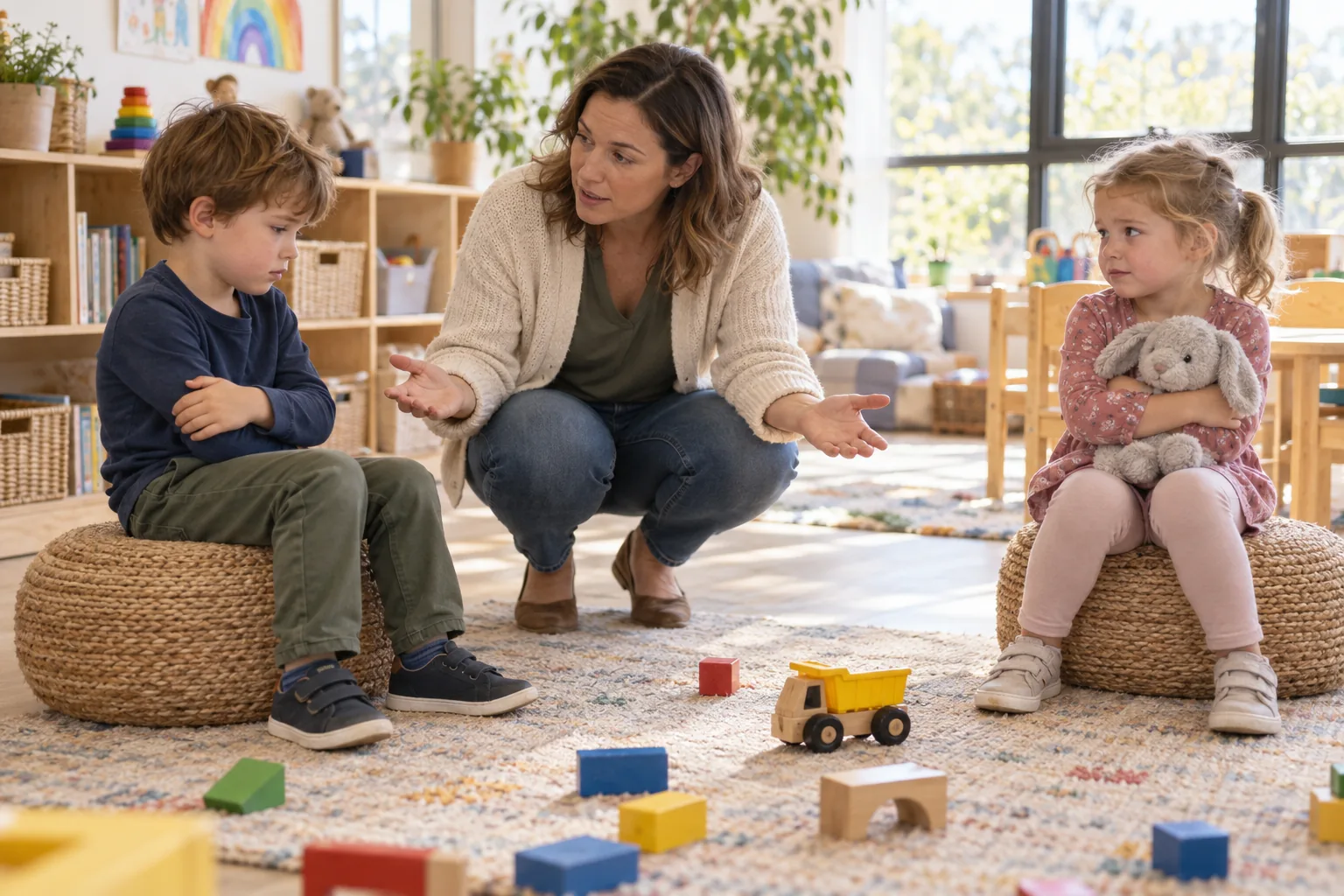 An adult creates safe space between two children and helps them settle