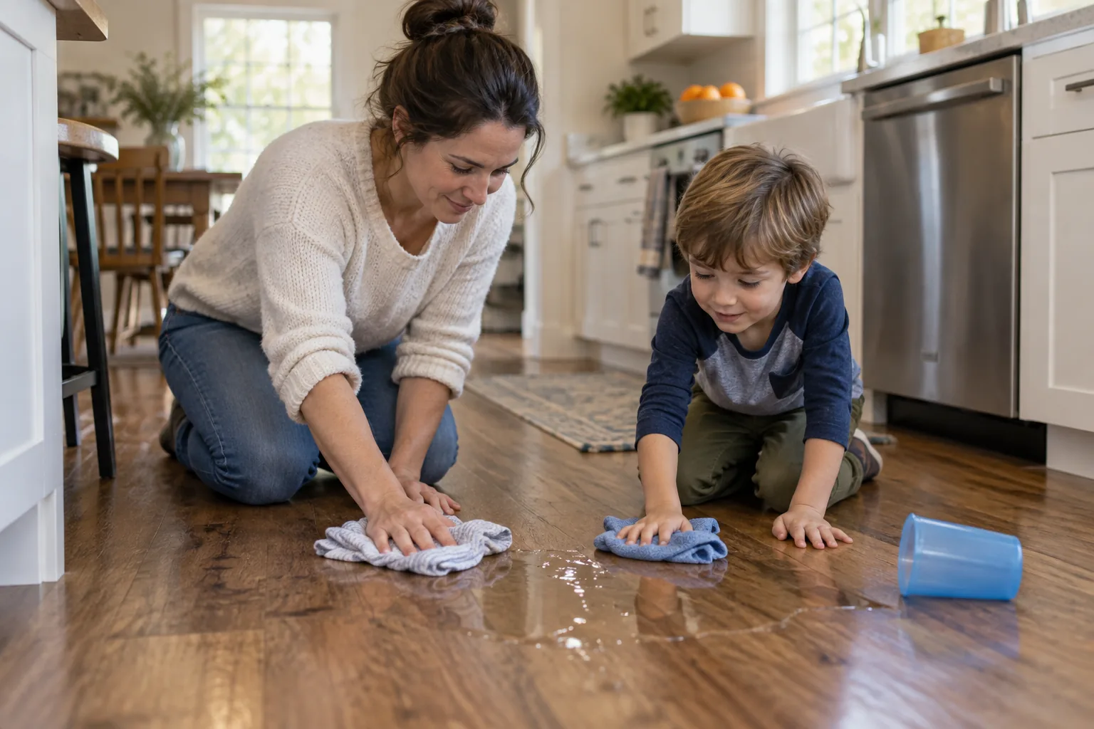 Un parent et un enfant nettoient ensemble de l’eau renversée
