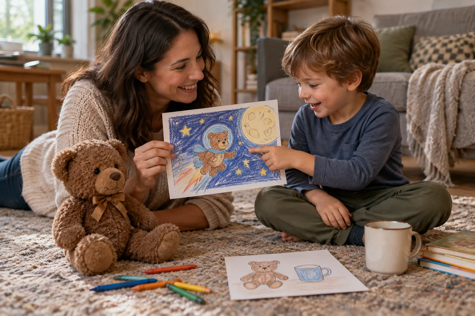 Un jeu familial avec un ours en peluche distingue une histoire imaginaire d’un événement réel