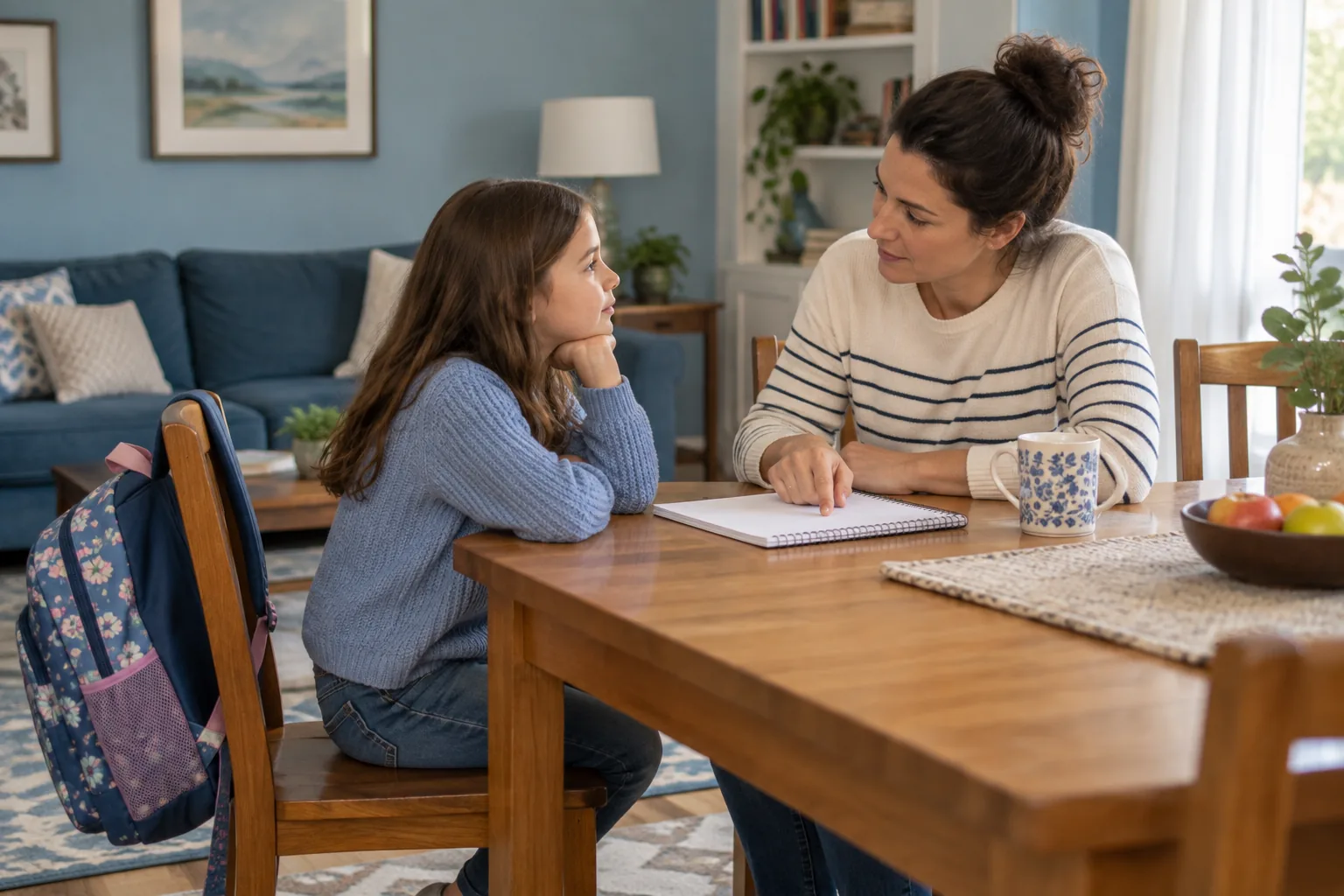 Un parent et un enfant préparent à la maison un plan de sécurité pour l’école