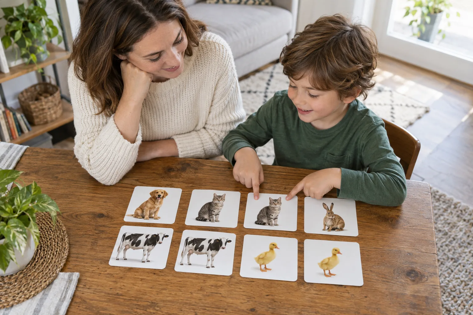 Un genitore e un bambino giocano con grandi carte illustrate da abbinare su un tavolo
