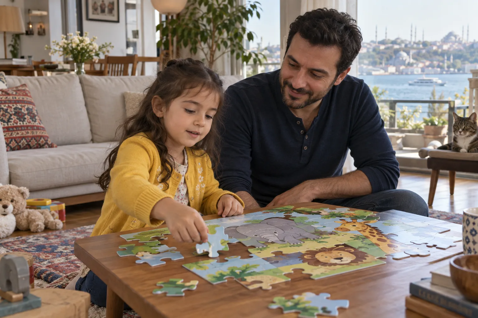 Ebeveyniyle büyük parçalı bir yapboza odaklanan çocuk