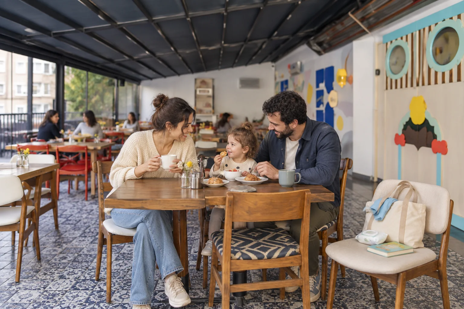 Yemek yiyen ailenin yanında, sandalyeye yerleştirilmiş açık çanta ve yedek eşyalar