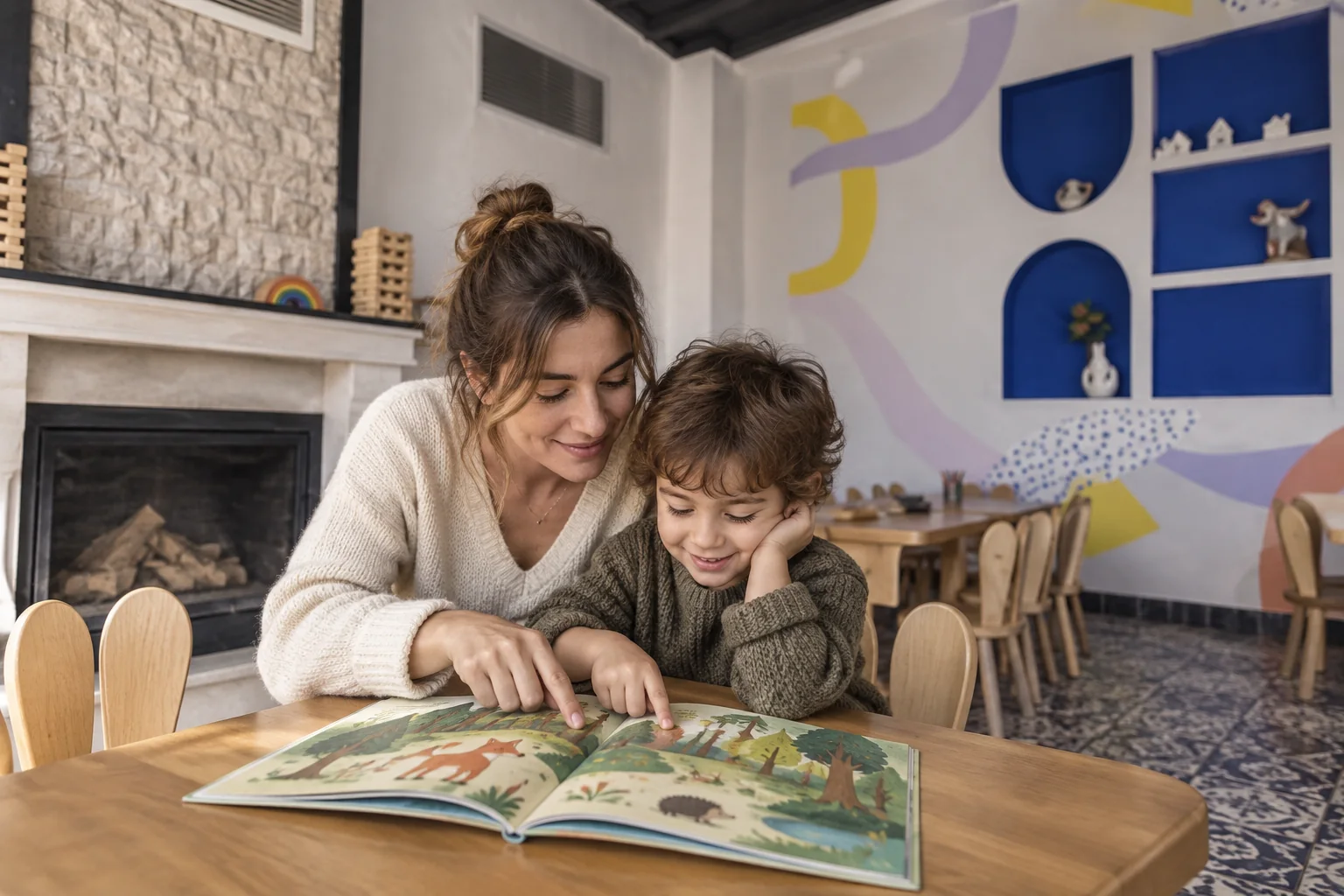 Açık kitaptaki ağaç ve hayvan resimlerini birlikte inceleyen ebeveyn ve çocuk
