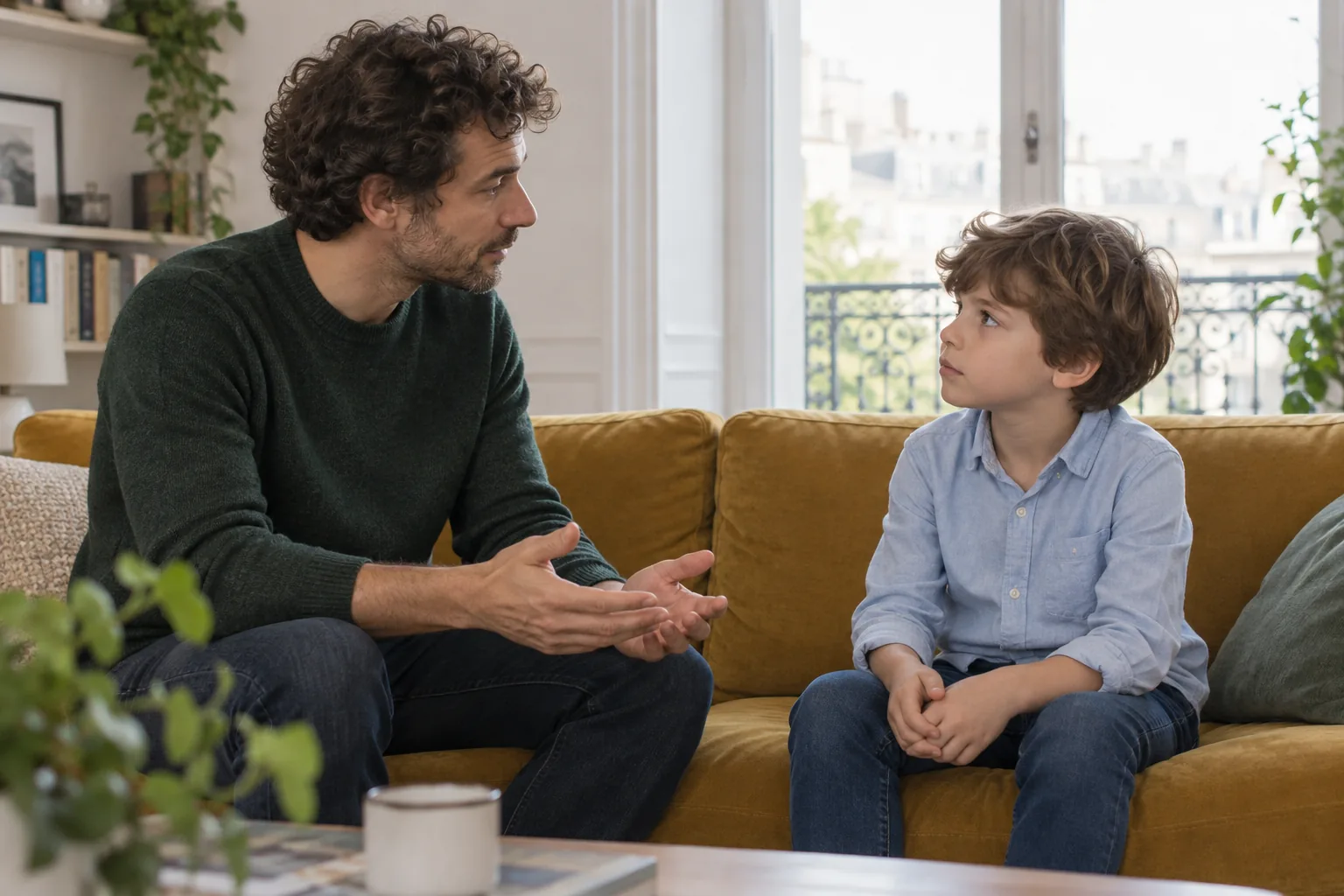 Un parent et un enfant échangent calmement sur un canapé Un parent et un enfant échangent calmement sur un canapé