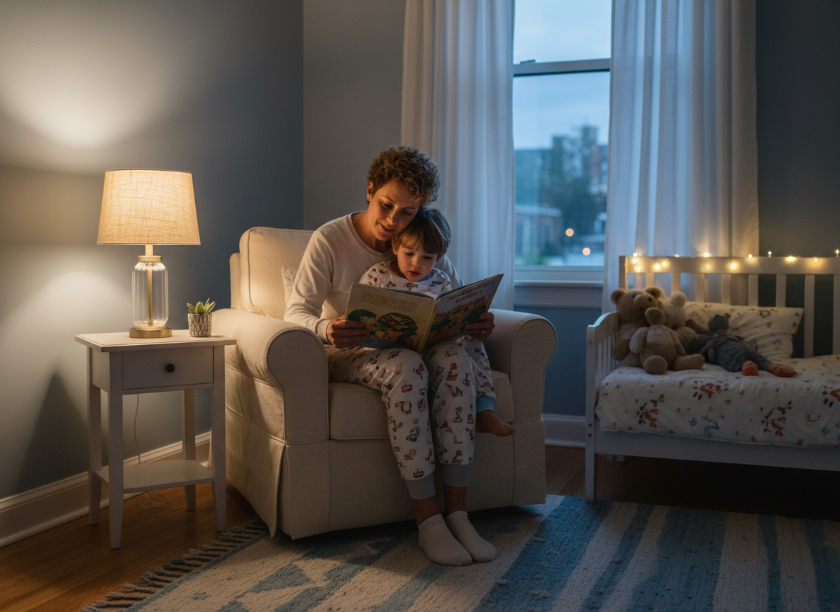 Redaktionelles Foto: Ein Elternteil liest einem Vorschulkind abends eine Geschichte im ruhigen, sanft beleuchteten Schlafzimmer vor, kein Text