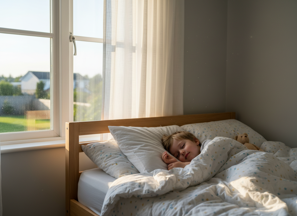 Redaktionelles Foto eines friedlich schlafenden Kindes im Bett mit sanftem Morgenlicht am Fenster, kein Text