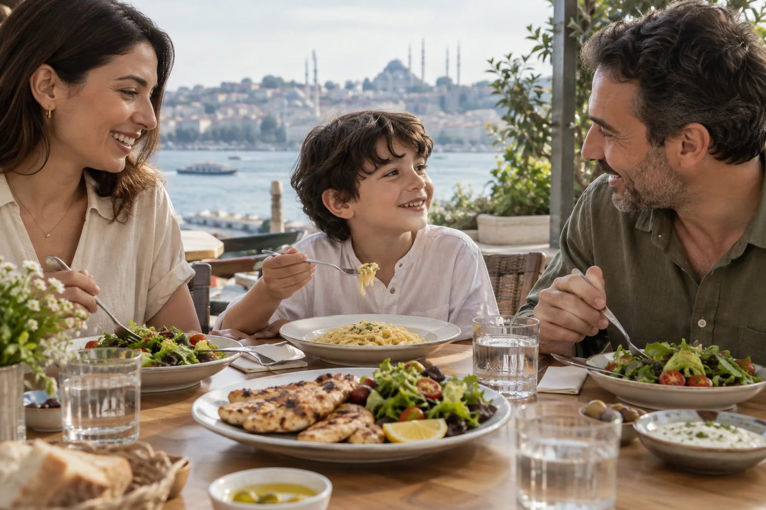 Une famille partage un déjeuner avec des pâtes, du poulet et une salade