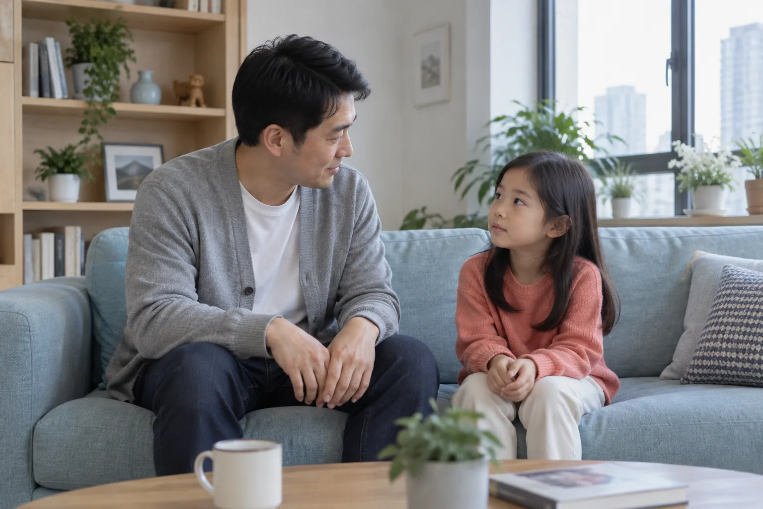 家长和孩子在沙发上平静交谈