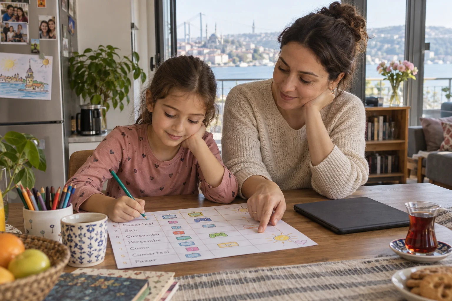 Elternteil und Kind legen das Handy vor dem Schlafen außerhalb des Zimmers ab und lesen