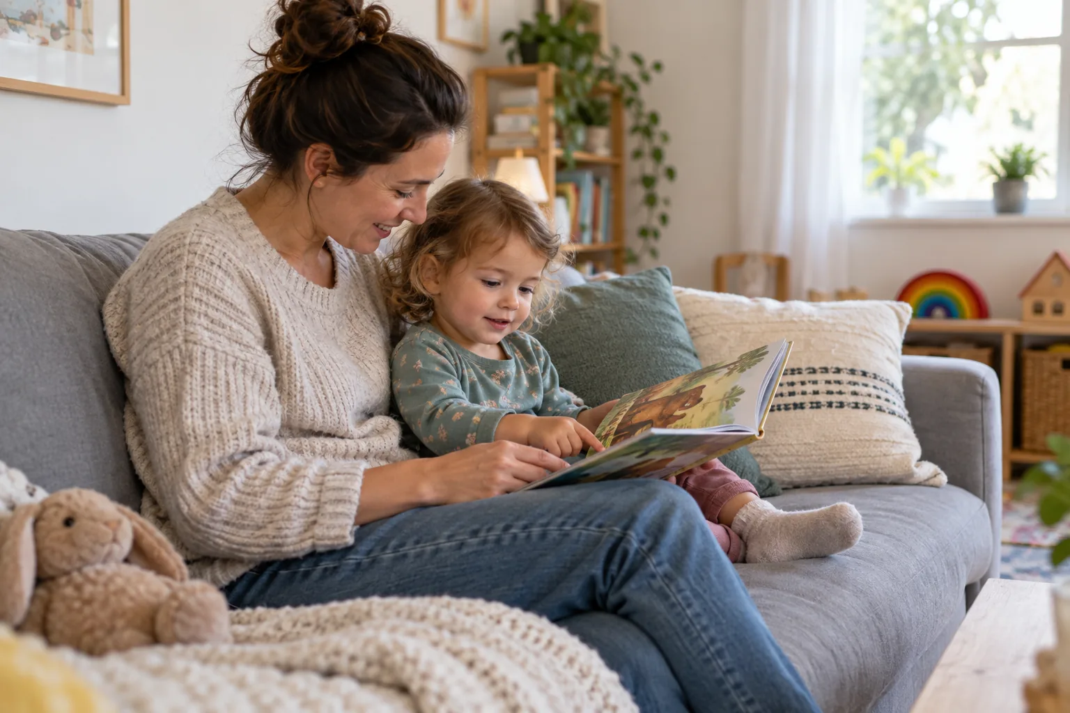 Genitore e bambino piccolo condividono un libro illustrato per ritrovare calma