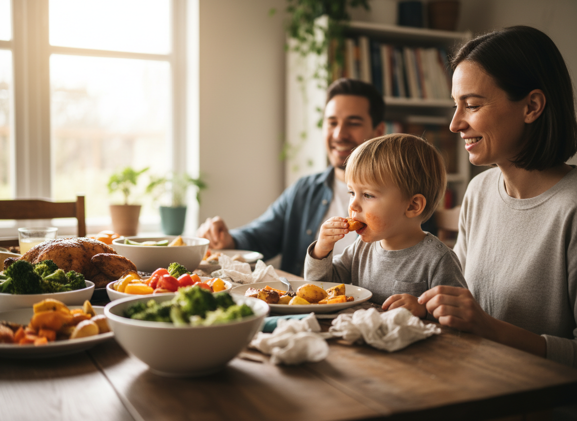 Editorial photo of a child tasting roasted vegetables at a family dinner with parent smiling gently, natural home dining light, positive no-pressure atmosphere, no text