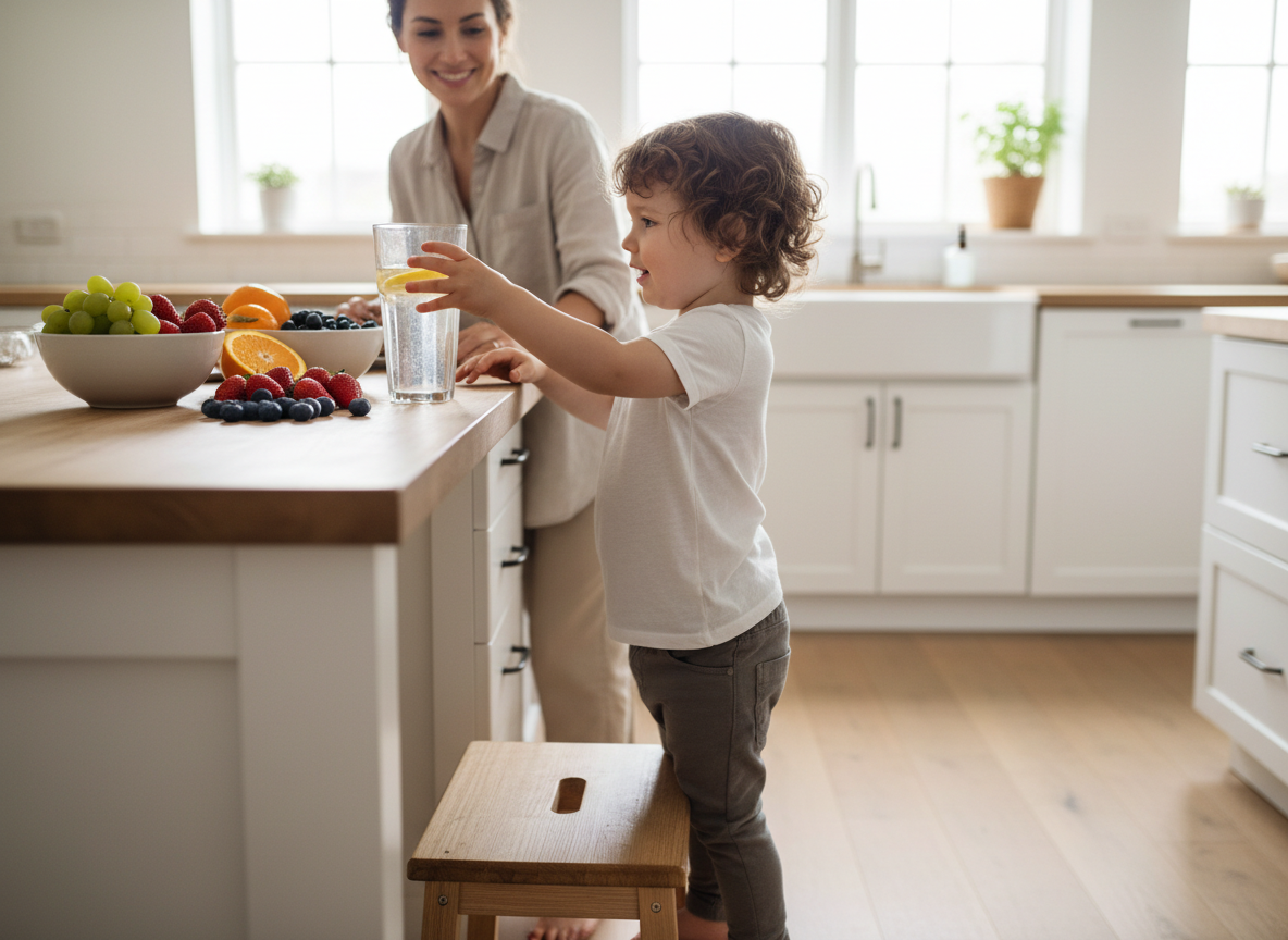 Editorial photo of a child choosing a glass of water and fresh fruit at home, parent nearby, bright kitchen, realistic healthy hydration moment, no text
