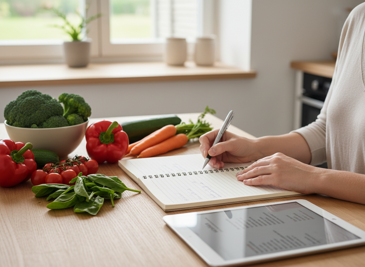 Editorial photo of a parent planning a simple weekly family meal menu with vegetables and a notebook on a kitchen table, no text