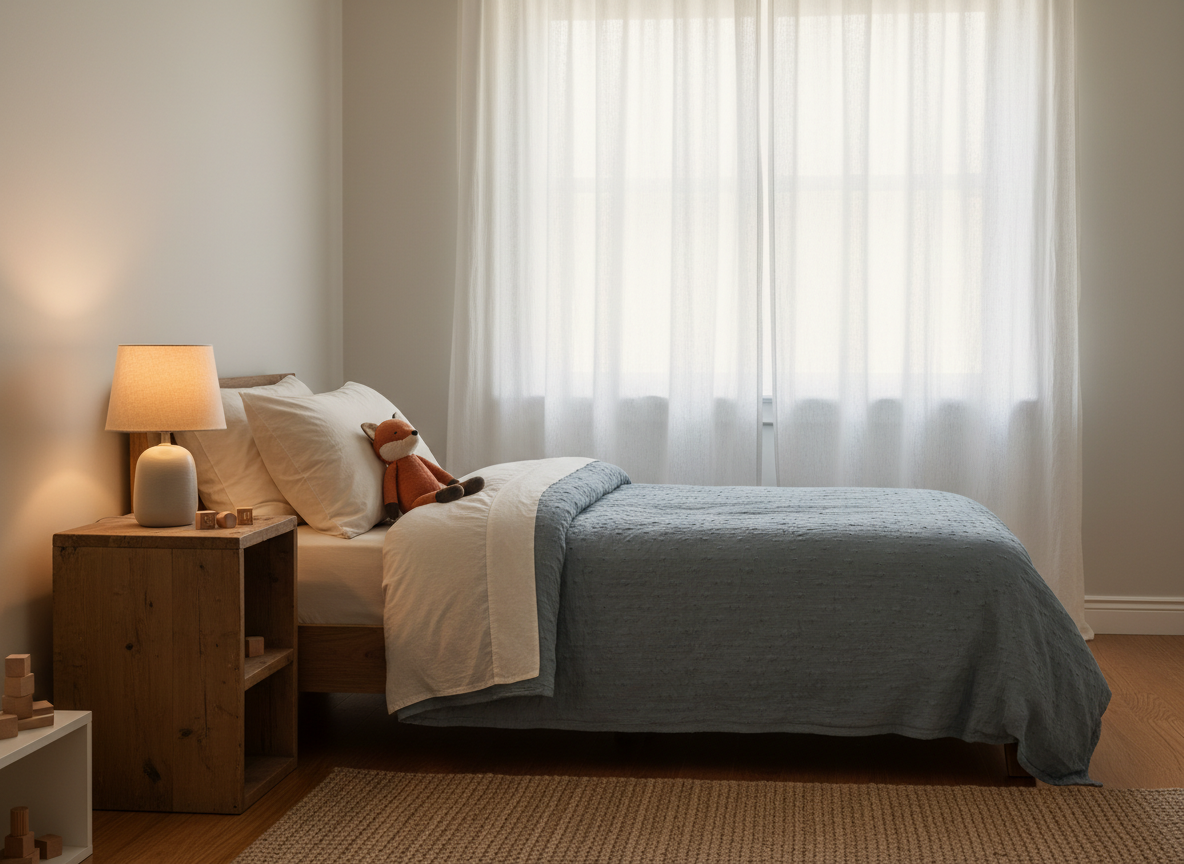 A quiet child’s bedroom with soft curtains, a dim bedside lamp and a tidy bed