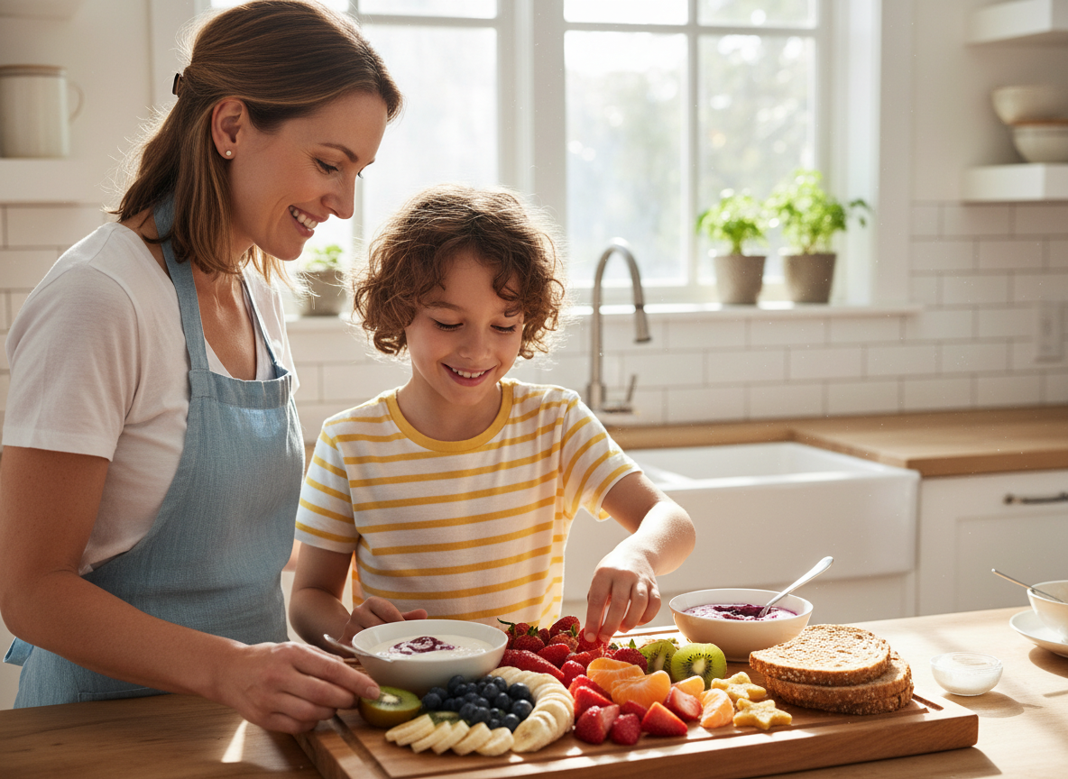 Bright editorial photo of a caregiver and school-age child preparing a colorful healthy snack plate with fruit, yogurt and whole-grain bread in a sunny kitchen, realistic, no text