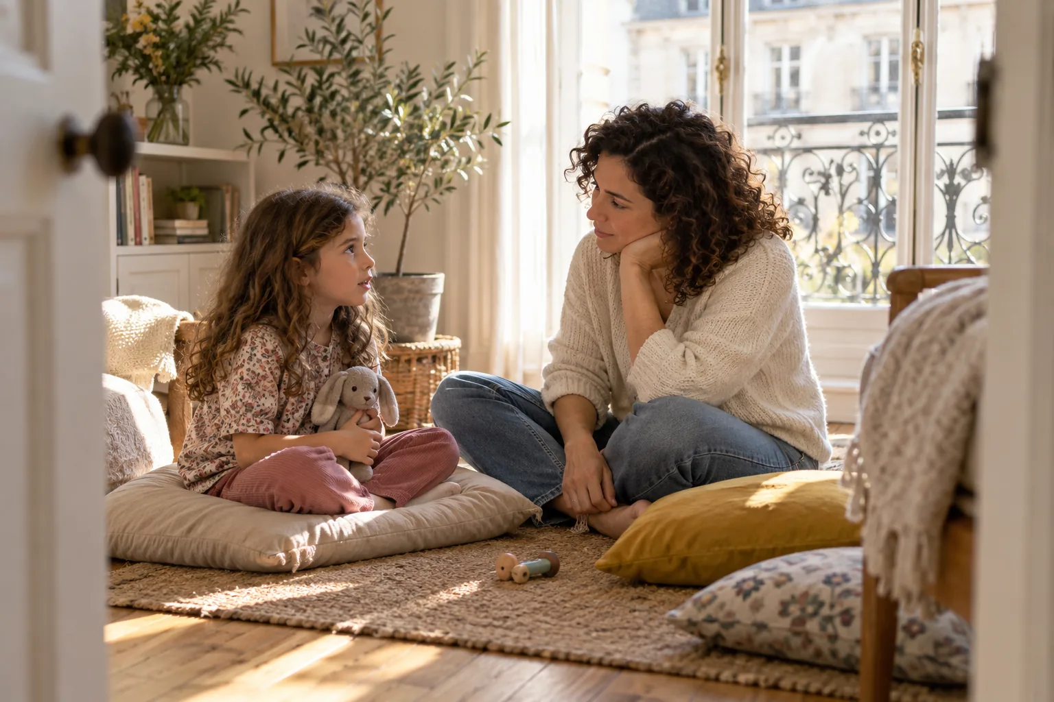Un parent et un enfant d’âge scolaire parlent calmement de l’honnêteté à la maison