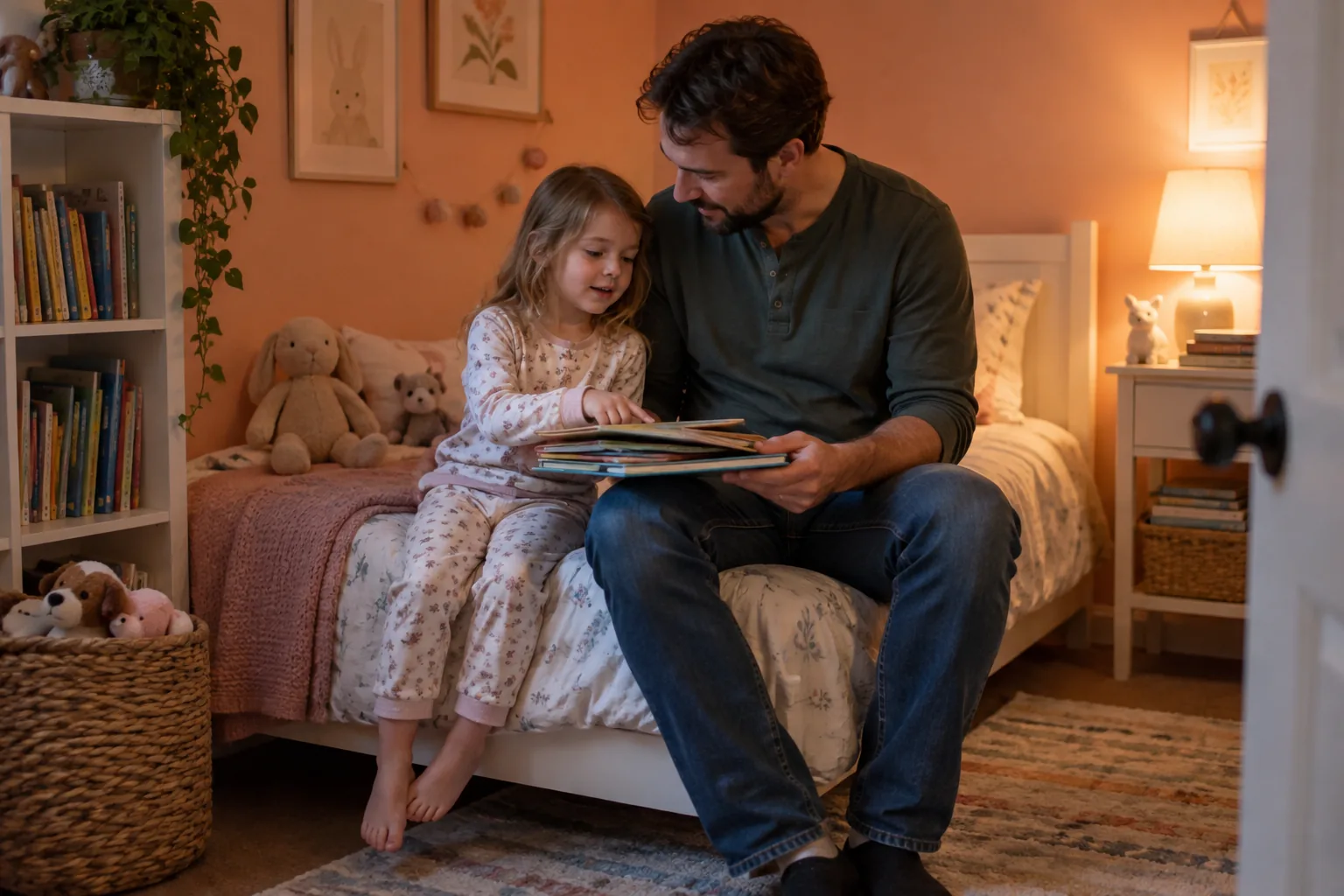 Un parent accompagne calmement son enfant au coucher Un parent accompagne calmement son enfant au coucher