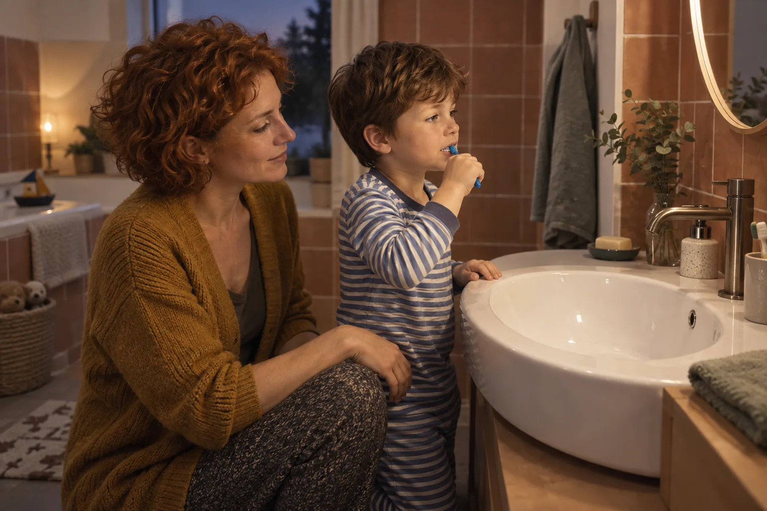 Un parent accompagne son enfant pendant le brossage des dents