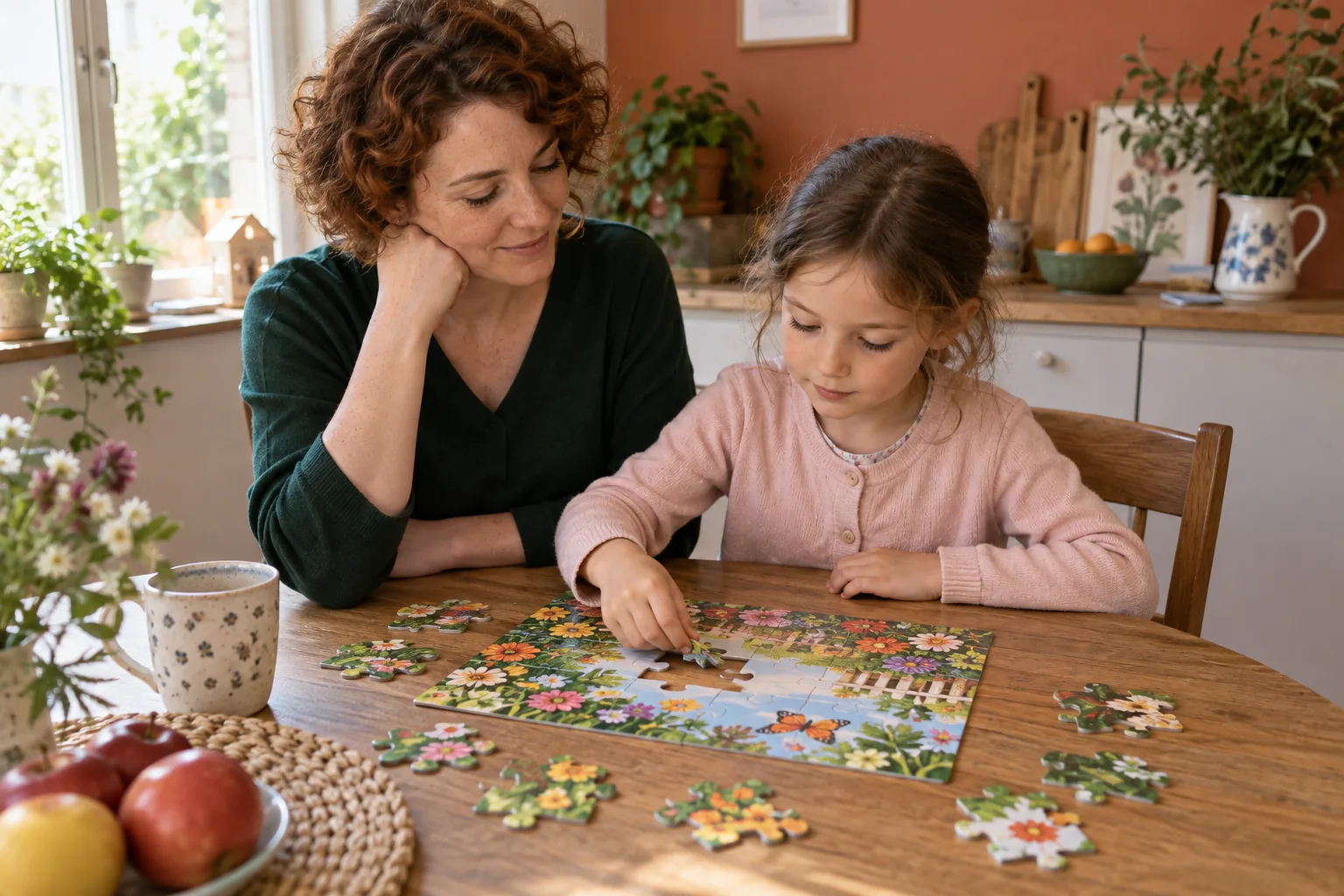 Un enfant réalise un puzzle à grandes pièces avec un parent à proximité