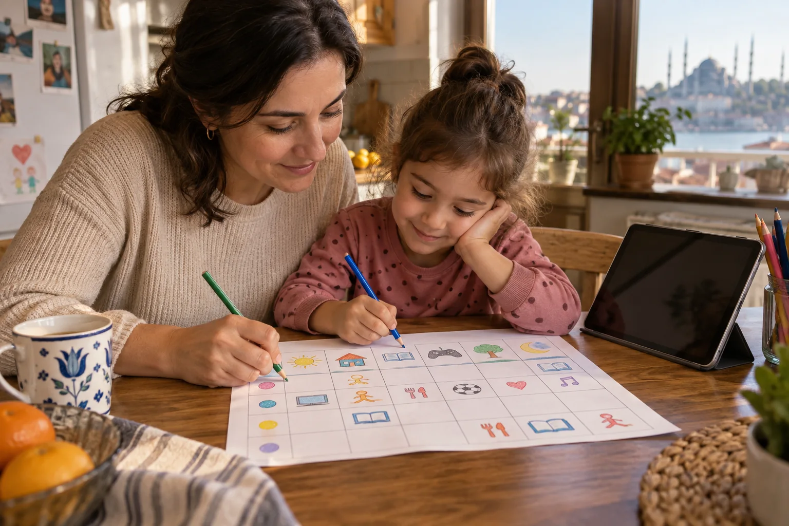 Parent and child in London planning a balanced weekly screen routine together