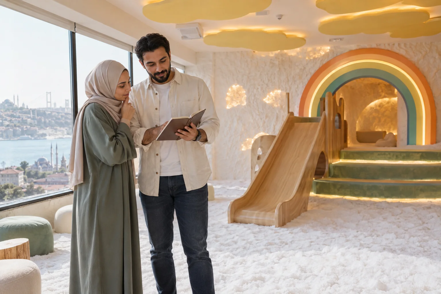 عائلة تقرأ ملاحظات بحثية محايدة في غرفة ملح مستوحاة من فيليفو
